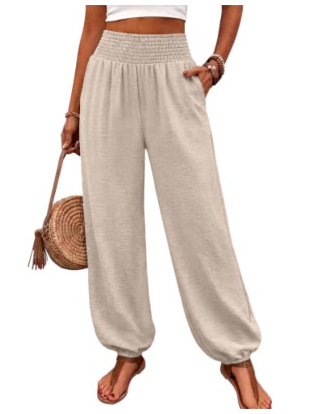 Womens Smocked High Waist Harem Trousers Tapered Ankle Pockets Casual Pants